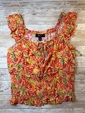 BCX Orange Floral Ruffled Smocked Camisole with Green Accents